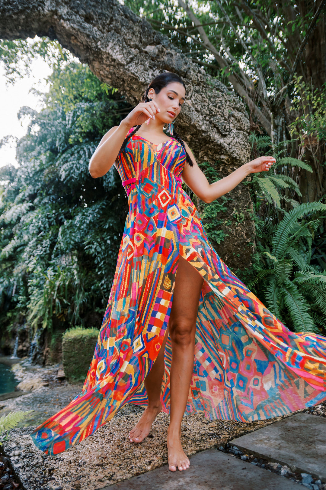 Cuzco Printed Mesh Long Gown