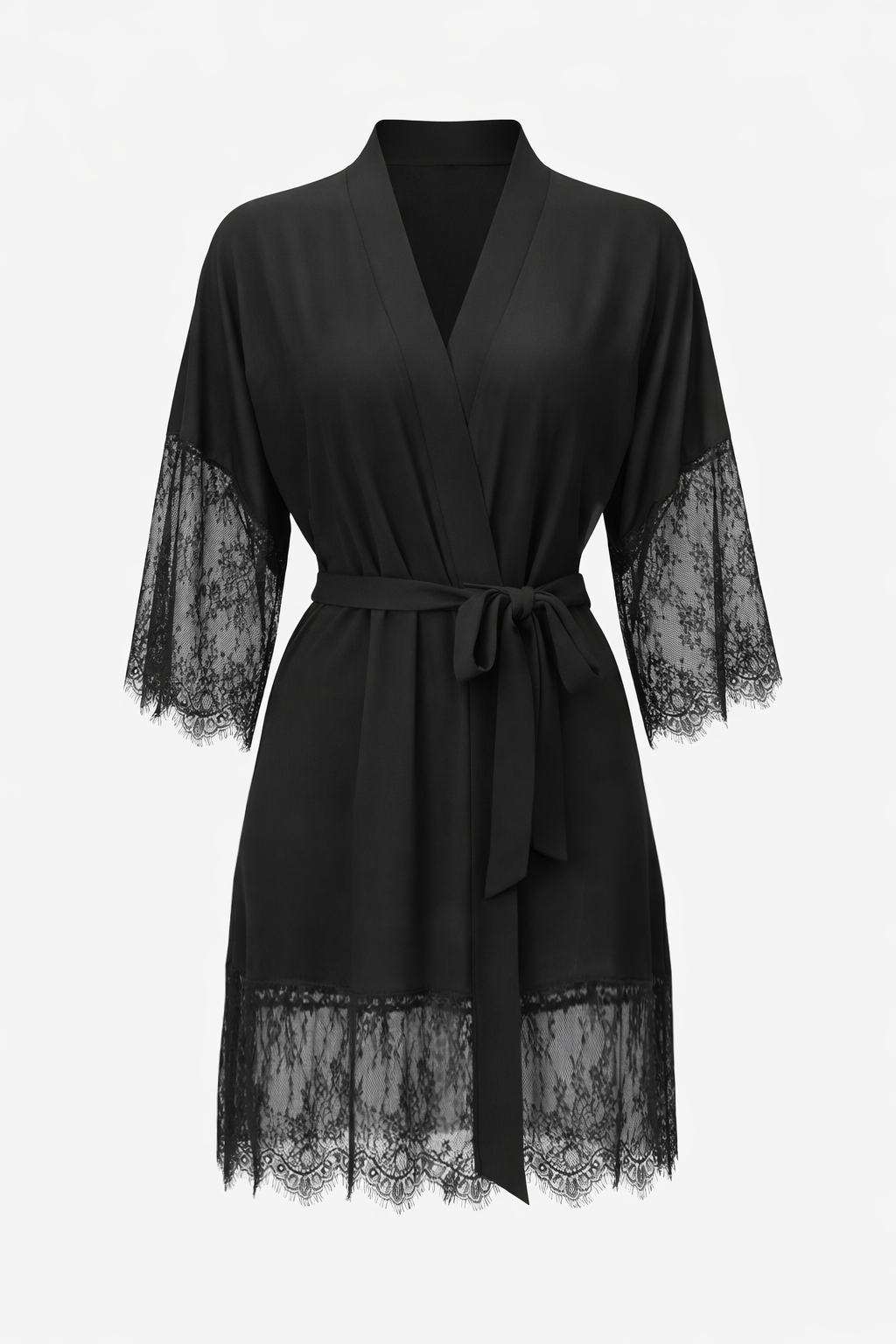 Black Orchid Lace-Trimmed Kimono Robe