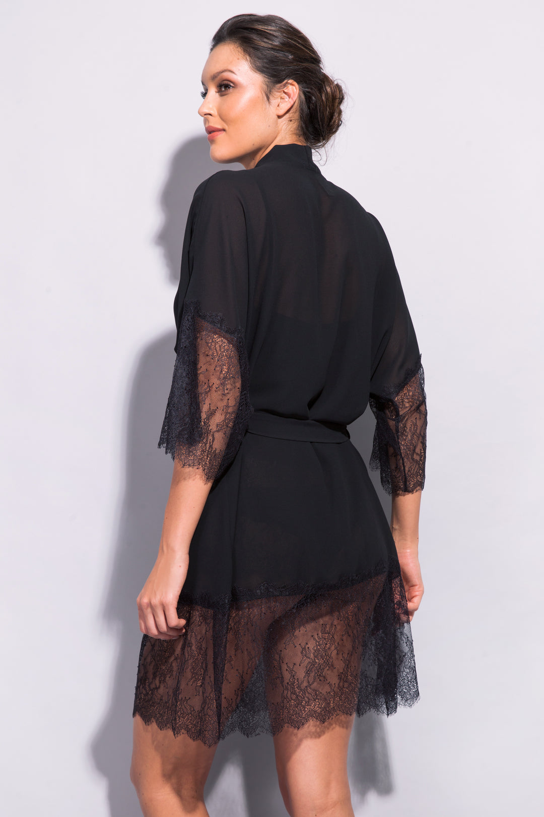 Black Orchid Lace-Trimmed Kimono Robe