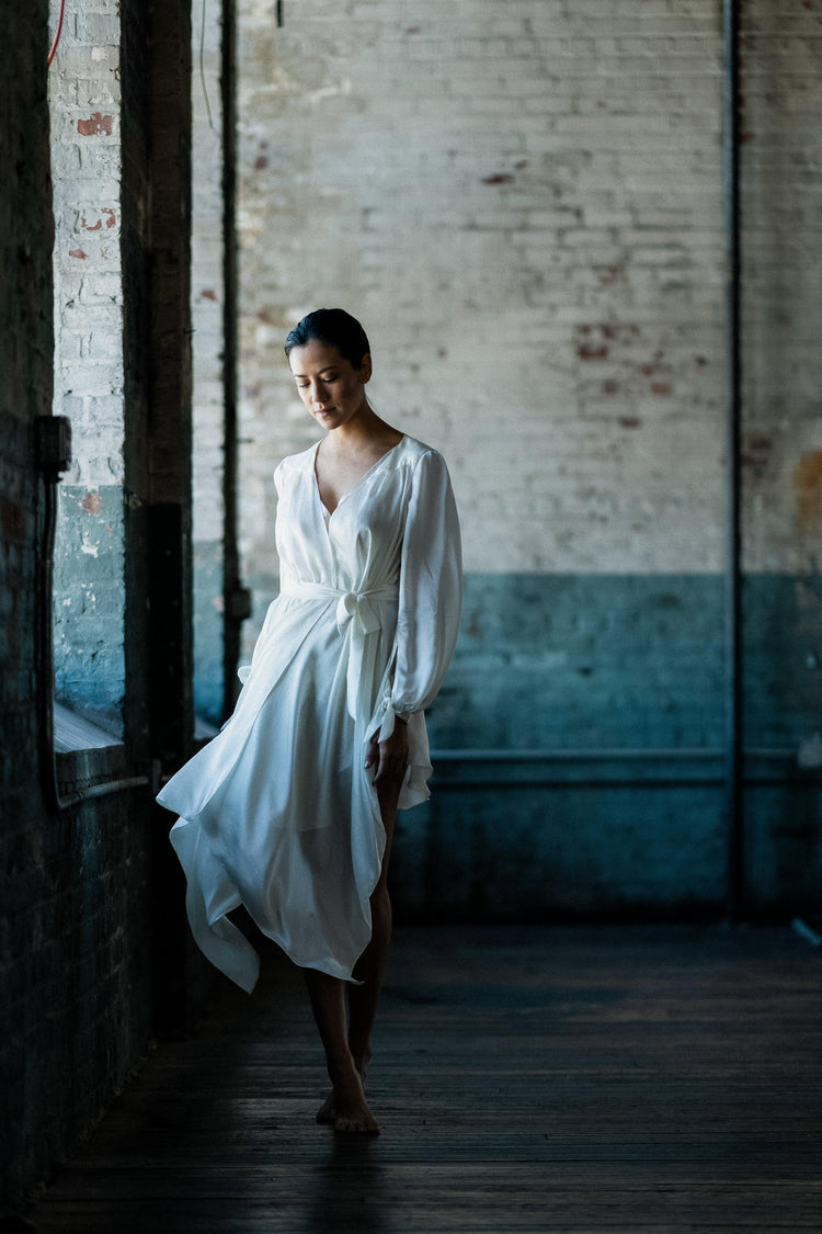Highlands Silk Satin Chiffon Victorian Silk Robe with Bishop Sleeves and Asymmetric Hem - Carol Coelho Intimates