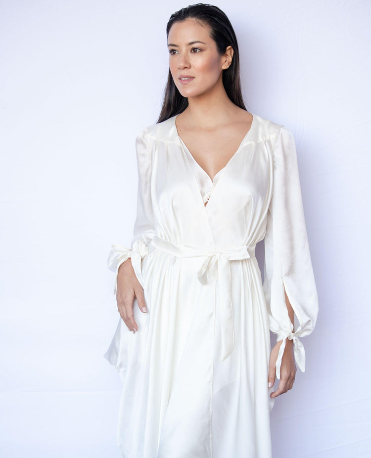 Highlands Silk Satin Chiffon Victorian Silk Robe with Bishop Sleeves and Asymmetric Hem - Carol Coelho Intimates