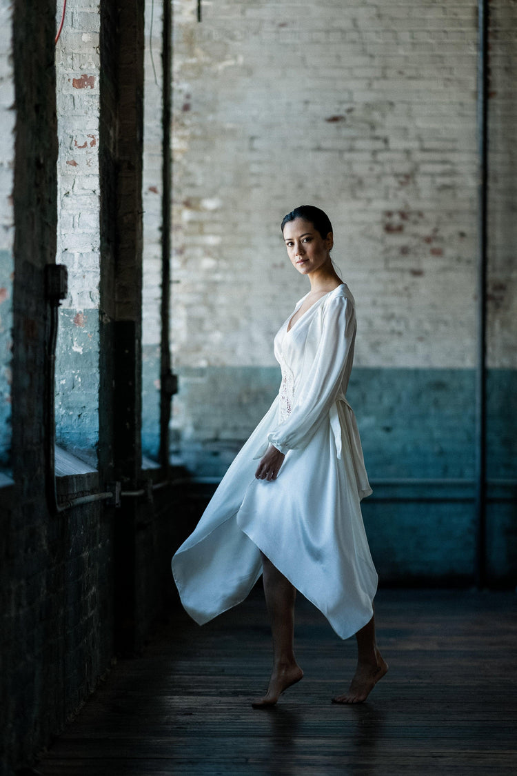 Highlands Silk Satin Chiffon Victorian Silk Robe with Bishop Sleeves and Asymmetric Hem - Carol Coelho Intimates