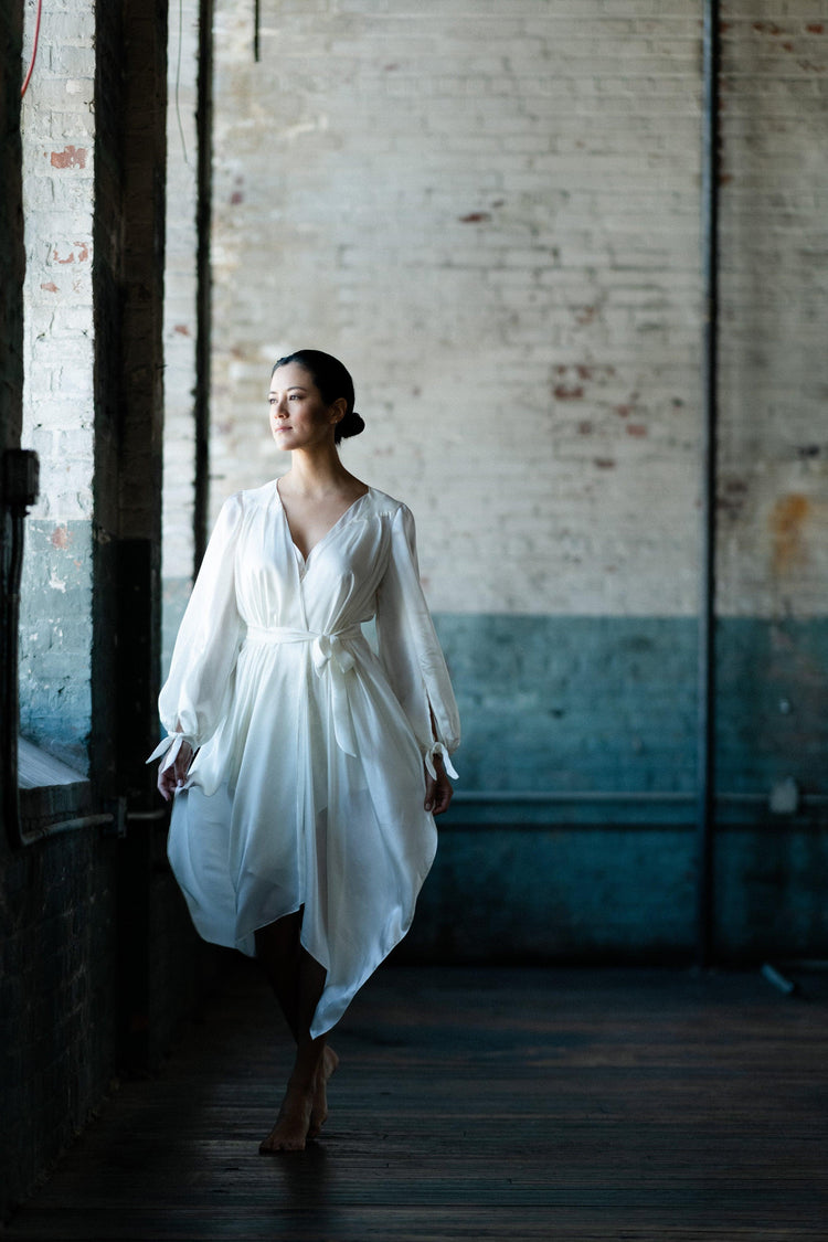 Highlands Silk Satin Chiffon Victorian Silk Robe with Bishop Sleeves and Asymmetric Hem - Carol Coelho Intimates