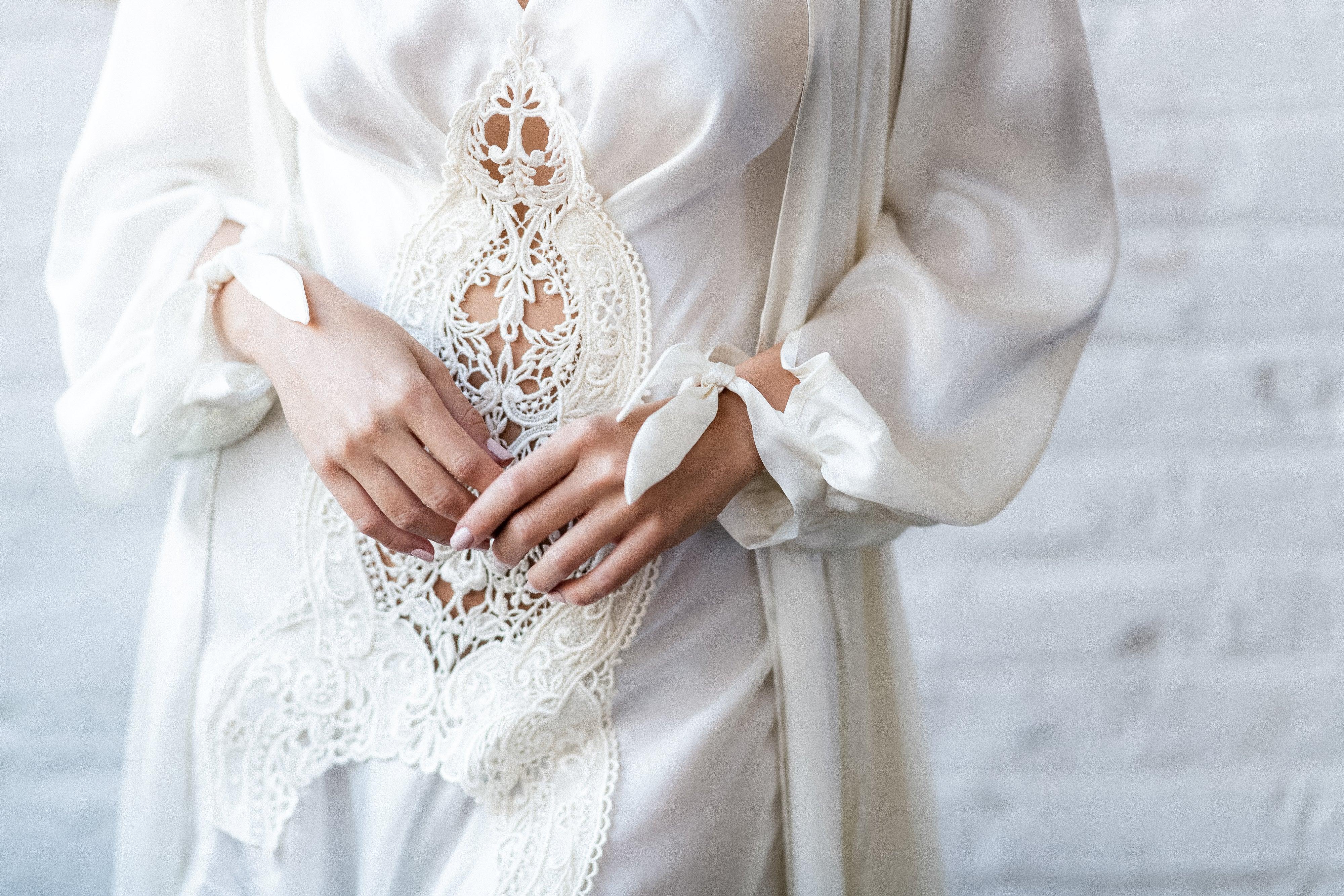 Highlands Silk Satin Chiffon Victorian Silk Robe with Bishop Sleeves and Asymmetric Hem - Carol Coelho Intimates
