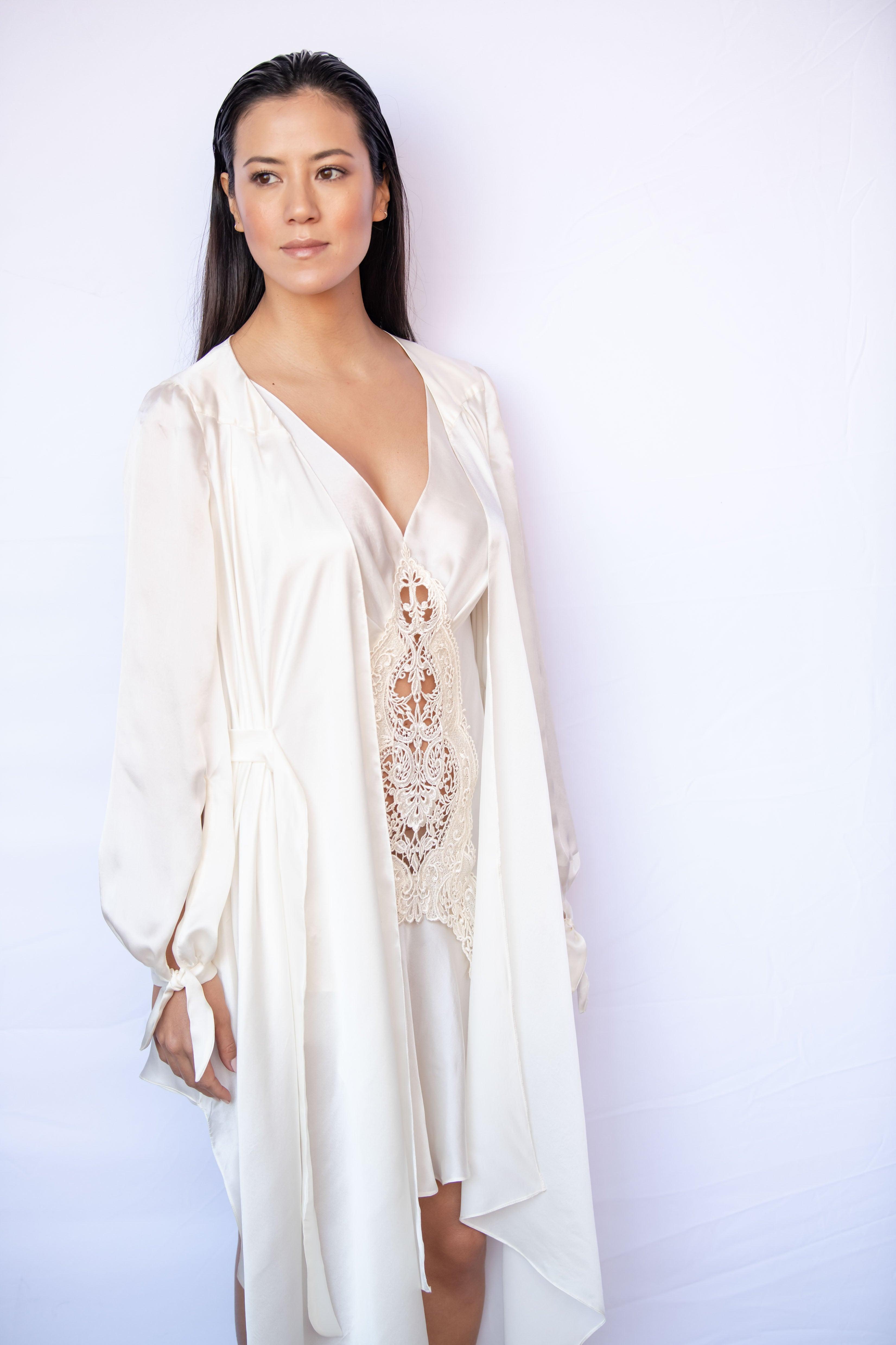 Highlands Silk Satin Chiffon Victorian Silk Robe with Bishop Sleeves and Asymmetric Hem - Carol Coelho Intimates