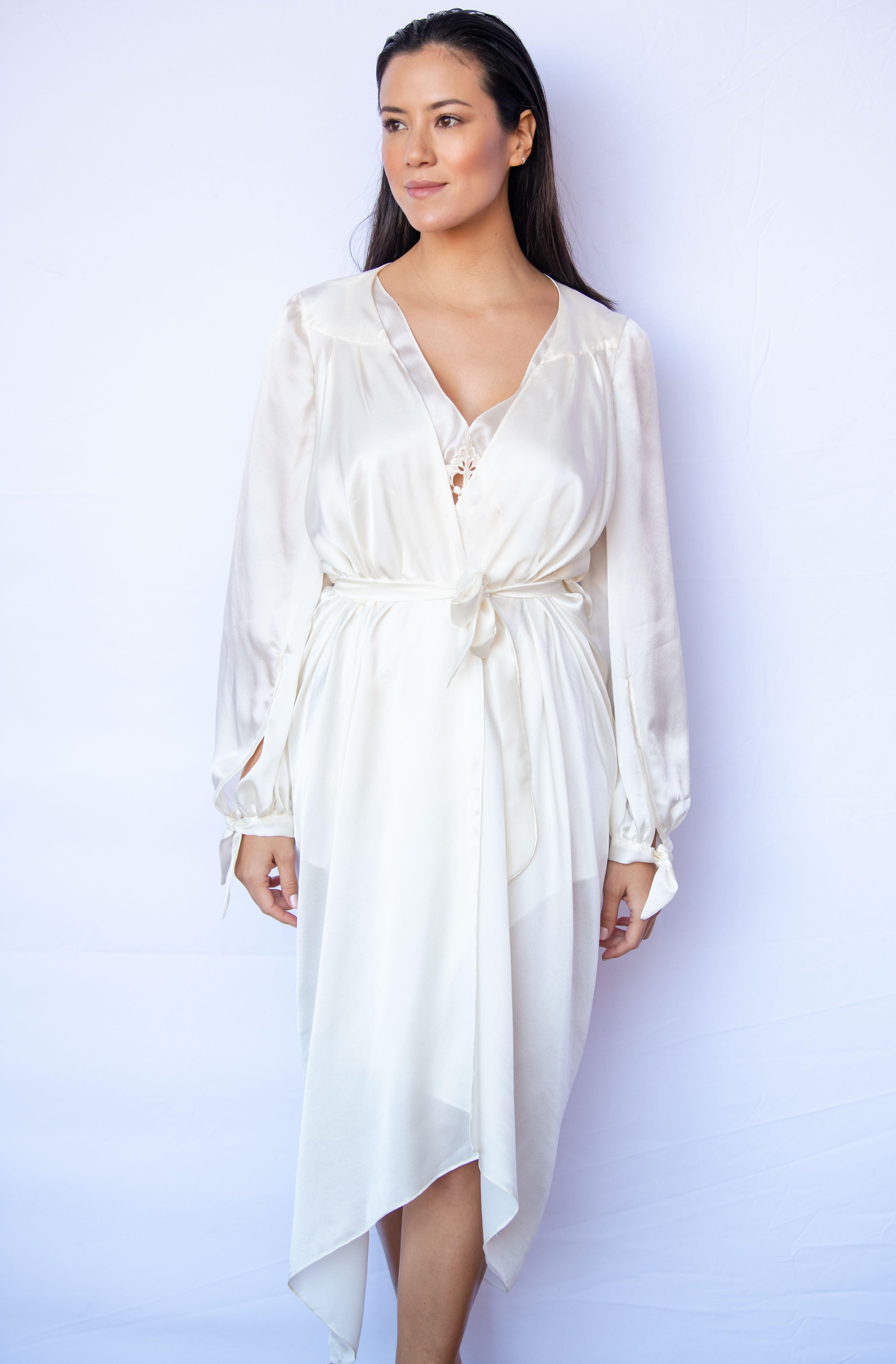 Highlands Silk Satin Chiffon Victorian Silk Robe with Bishop Sleeves and Asymmetric Hem - Carol Coelho Intimates