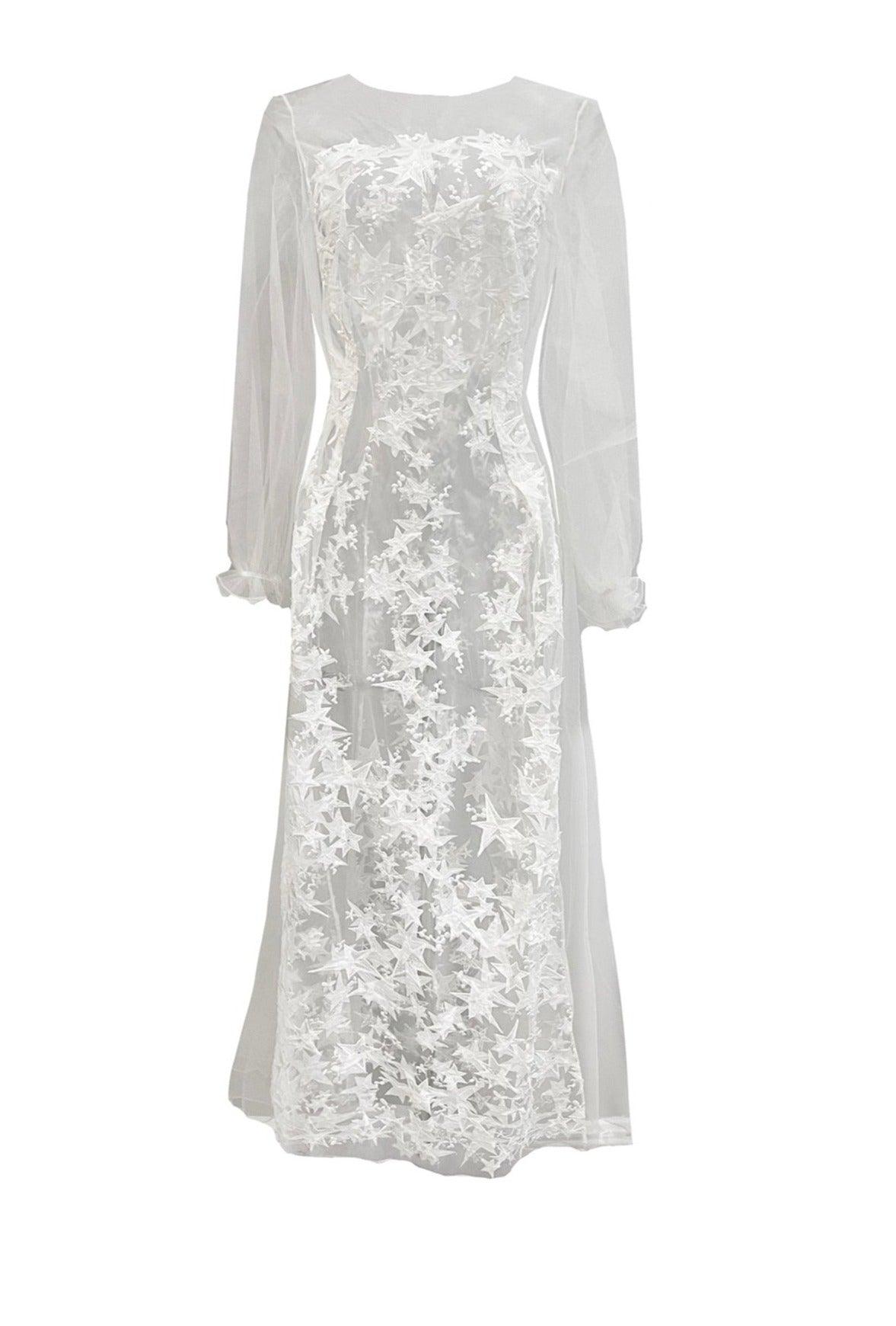 Star Embroidered Tulle Sheer Long Gown - Carol Coelho Intimates