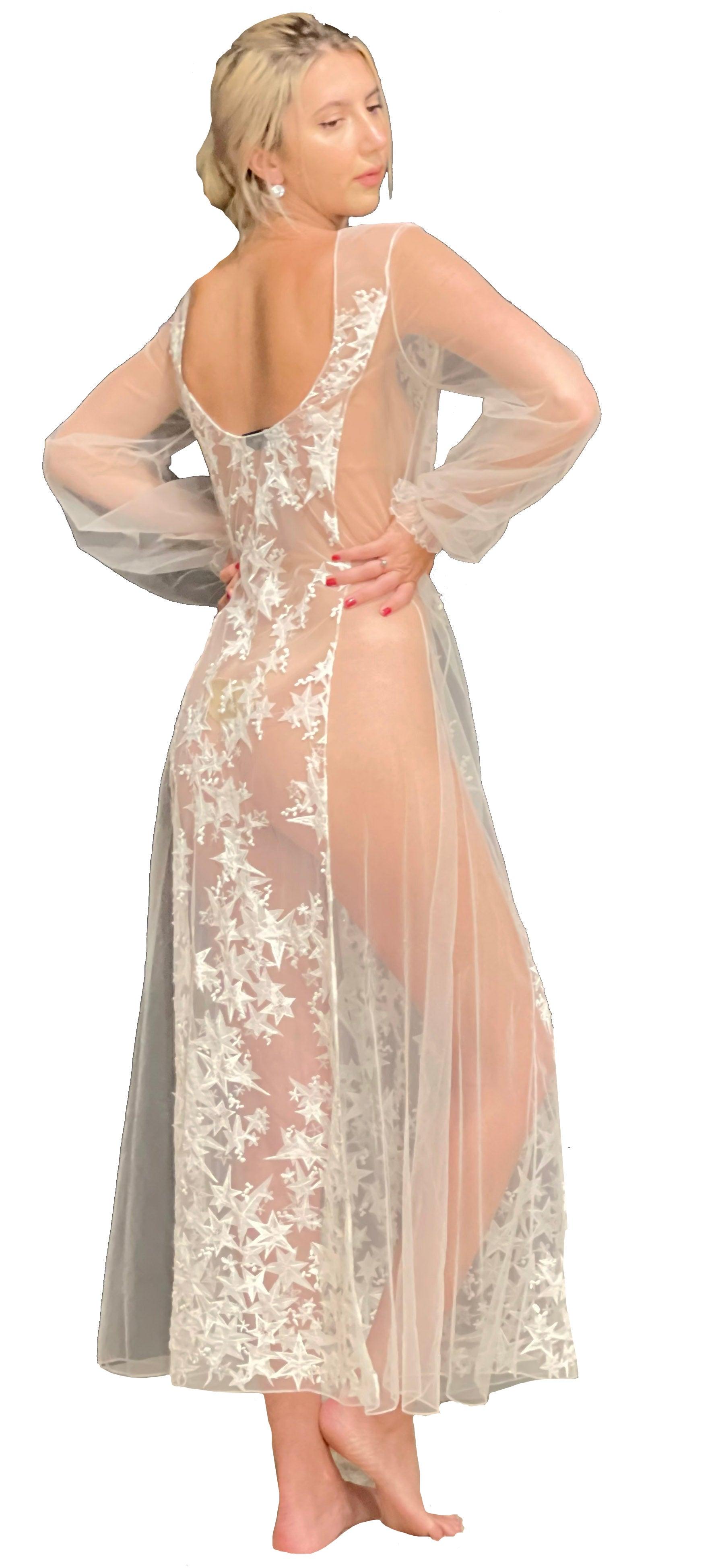 Star Embroidered Tulle Sheer Long Gown - Carol Coelho Intimates